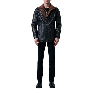 Men's <b>Black</b> and Brown Genuine Leather Jacket Zipper Closure Turn Down Collar Regular Fit - Product Image 1