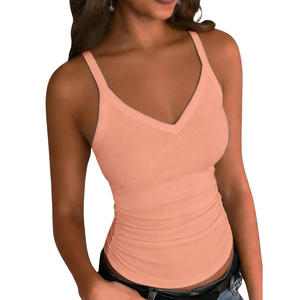 Camiseta sin mangas de canalé con cuello en V para mujer, ajustada, elástica, informal, de poliéster suave y transpirable para el día a día - Product Image 1