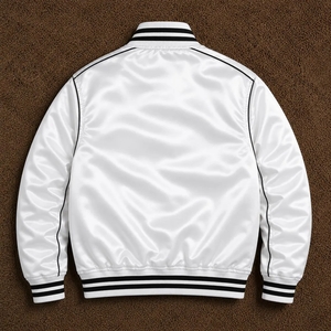 White Men's Varsity <b>Jacket</b> Regular Fit Solid Color Turn-down Collar Button Closure Polyester Material Autumn Casual Style - Product Image 4