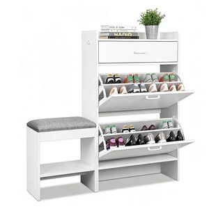 Scarpiera a 2 livelli bianca 100x25x117cm in truciolato con cassetto superiore a ribalta e panca imbottita, 1 gancio, mobile per soggiorno - Product Image 4