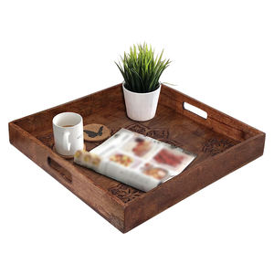 Premier exportateur fait à la main en bois de manguier forme carrée grand plateau de service avec poignée pour hôtels et restaurants meilleures fournitures de qualité - Product Image 3