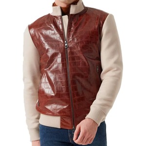 Blouson Bomber en Cuir Gaufré Croco pour Homme, Col Montant, Fermeture Éclair, Style Décontracté Hiver Automne - Product Image 5