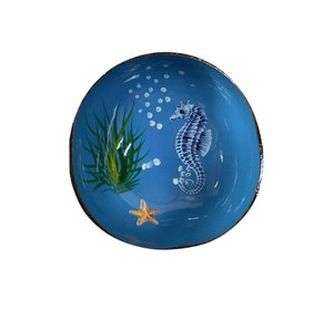 Sophisticated lacquer coconut bowl artistic seahorse scene handmade <b>container</b> for unique home decor and office desktop - Product Image 1