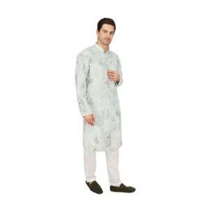 Ensemble Kurta pour homme vert menthe - Vêtement ethnique en Georgette brodé de motifs botaniques - Product Image 3