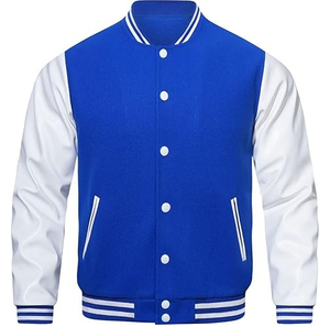 Chaqueta Varsity para Hombre en Bloques de Color Azul y Blanco, Cuello Alto, Botones a Presión, Estilo Deportivo de Béisbol - Product Image 1