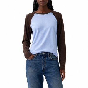 T-shirt à manches raglan color block pour femme, col rond, manches longues, haut décontracté en jersey, coupe classique, coton respirant, toutes saisons, OEM - Product Image 1