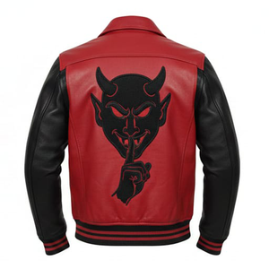 Blouson Bomber Varsity Personnalisé en Cuir et Toile Rouge et Noir pour Homme, Style Streetwear, Broderie Diable, Patch Frontal, Vente en Gros - Product Image 6