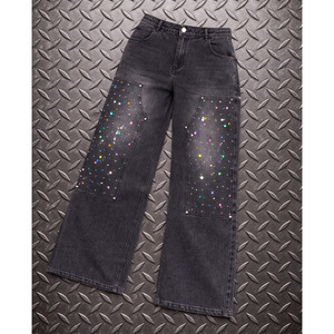 กางเกงยีนส์เดนิมผ้าฝ้ายคุณภาพสูงแบบหนา ซักย้อมสีเอซิด ประดับคริสตัล สไตล์สตรีทแวร์ ไซส์พลัส ทรงเข่าคู่ สำหรับผู้ชาย - Product Image 1
