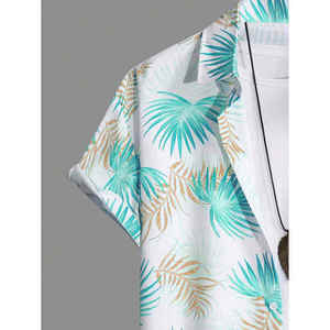 Chemise boutonnée à manches courtes pour hommes, blanc, vert sarcelle, motif feuilles tropicales, short assorti, ensemble 2 pièces, tenue de plage hawaïenne décontractée - Product Image 2