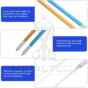Blue Gold Metal Handle Hair Extension Loop <b>Threader</b> Latch Hook Micro Ring Pulling <b>Needle</b> Set Professional Salon Tool Kit - Product Image 6