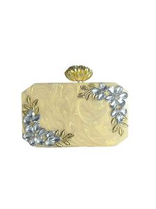 Pochette en résine élégante dorée avec embellissements floraux en pierres de cristal et bouton en lotus, sac de soirée pour femme - Product Image 1
