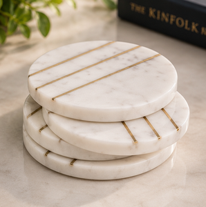 Juego de 4 posavasos redondos de mármol atractivo de latón AK con diseño de 3 revestimientos Artículo de alta calidad para utensilios de cocina/Decoración de mesa - Product Image 2