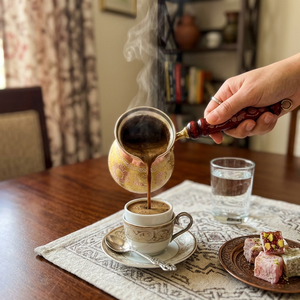 หม้อกาแฟทองเหลืองแบบตุรกี ลายดอกไม้สลัก  แบบเซซเว่ อาหรับ อิบริก กรีก บริกิ ใช้กับเตาได้ พร้อมที่อุ่นนม ด้ามจับไม้ทาสี  OEM - Product Image 4
