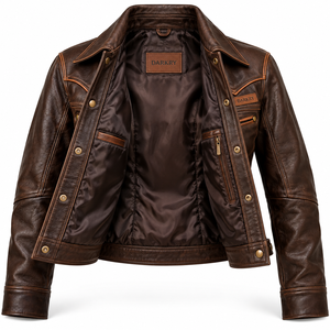 Custom Womens Brown Vintage Western Genuine Leather Jacket Distressed Biker Outerwear Slim Fit OEM Snap <b>Button</b> <b>Coat</b> Retro - Product Image 5
