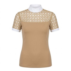 Camisa de equitación ODM para mujer, color turquesa, manga corta, transpirable, cuello simulado, con mangas de encaje - Product Image 5