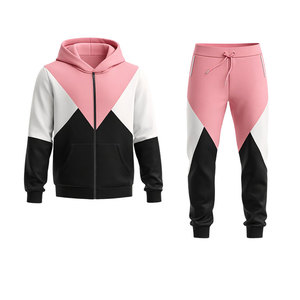 Ensemble de survêtement pour homme rose et noir à blocs de couleur, sweat à capuche zippé et pantalon de jogging, tenue décontractée pour la gym, le fitness, la course et le streetwear - Product Image 1