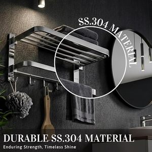 Toallero de pared de acero inoxidable de doble capa con ganchos, estante organizador de baño con acabado pulido espejo - Product Image 3
