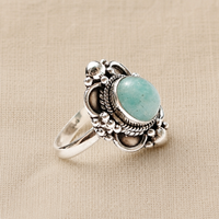 Bague en argent sterling 925 avec amazonite ovale cabochon, style bohème artisanal, filigrane, bijou statement, plaqué or rose et or jaune, art unique