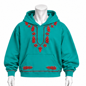 Sudadera con Capucha Teal Indus Bordada con Diseño Floral Decorativo, Bolsillo Canguro, Estilo Casual Relajado, Ropa Urbana de Invierno - Product Image 1
