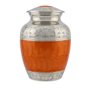 Urna Funeraria de Aluminio Ecológica y Duradera con Hermosa Banda Grabada en Color Plata y Naranja, Apta para Cenizas Humanas, de Bebés y Mascotas - Product Image 1