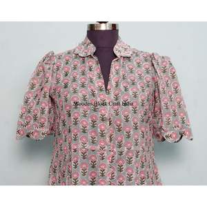 Indian Cotton Floral Block Print Dress <b>Button</b> Down Dress Women's <b>Dressing</b> <b>Gown</b> Casual Dress Print Women short Sleeve Long Length - Product Image 2