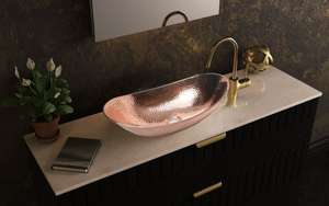 Bold Blossom India – Lavabo de salle de bain ovale en cuivre massif martelé, fait main, moderne, 32 cm, écologique, portable pour la maison - Product Image 3