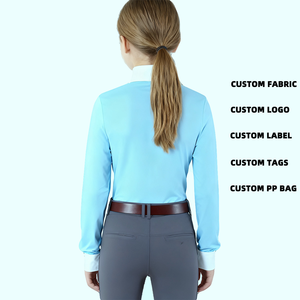 Teenage Kids Equestrian <b>Shirt</b> Half Button <b>Long</b> <b>Sleeve</b> <b>White</b> Blue Horse Riding <b>Shirt</b> Equestrian Show <b>Shirts</b> for Children - Product Image 2