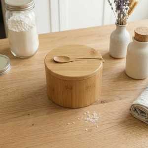 Pot à sel en bambou avec couvercle et cuillère, rangement minimaliste pour la cuisine - Product Image 2