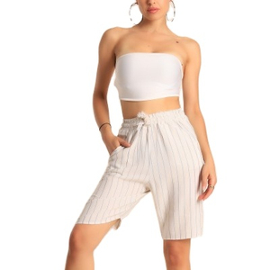 Shorts Bermuda à Rayures Verticales Taille Haute pour Femmes - Shorts Décontractés en Coton et Lin Respirant avec Cordon de Serrage et Poches - Product Image 1