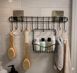 Wall Mounted Metal <b>Storage</b> Rack With Hooks And Basket For <b>Bathroom</b> <b>Towel</b> And toiletries Industrial Style - Product Image 1