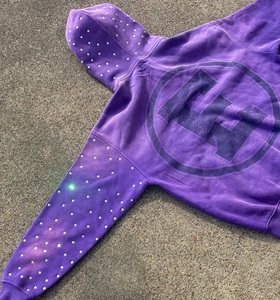 <b>Purple</b> Zip-Up <b>Hoodie</b> With Rhinestone Design Front Print Casual Regular Fit Unisex Fleece Autumn Wear - Product Image 2