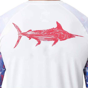 Custom Sublimation Men's White Long Sleeve Fishing Shirt With Blue Red Shark Print UPF 50 Anti-Uv Protection Pullover <b>Top</b> - Product Image 5
