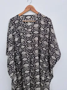 Ethnic Women's Floral Block Print <b>Black</b> <b>Kaftan</b> Dress Loose Fit 100% Cotton Summer beach wear Holiday Long dress - Product Image 1