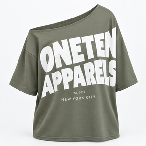 ONETEN APPARELS Women's Off Shoulder Crop <b>T</b>-<b>Shirt</b> <b>Olive</b> <b>Green</b> Letter Print Streetwear Loose Fit Three Quarter Sleeve - Product Image 5