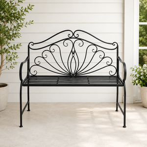 ม้านั่งสวนโลหะสีดำพร้อมพนักพิงแบบพัดลม ที่วางแขนโค้งมน เฟอร์นิเจอร์ตกแต่งสำหรับนั่งพักผ่อนกลางแจ้งในสวน - Product Image 1
