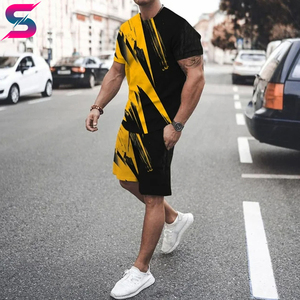 ชุดเสื้อยืดและกางเกงขาสั้นลายเรขาคณิตสำหรับผู้ชายรุ่นใหม่ล่าสุดจากซัพพลายเออร์ที่ดี เสื้อคอกลมถัก แห้งเร็ว สีดำเหลือง - Product Image 6