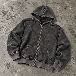 Sudadera con capucha negra vintage con cremallera, efecto desgastado, oversize, de corte holgado, manga larga, estilo urbano, informal, para hombre, proveedor de sudaderas. - Product Image 1