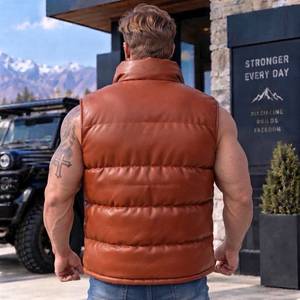 <b>Men's</b> Handmade Real <b>Leather</b> Puffer <b>Vest</b> - Genuine Sheep <b>Leather</b> Sleeveless Jacket - Western Style Winter Gift For Him - Product Image 2