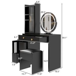 Modern Teak <b>Makeup</b> Vanity Table Set with LED <b>Mirror</b> Retractable Dressing Power Outlets 3 Light Colors Side Cabinet - Product Image 2