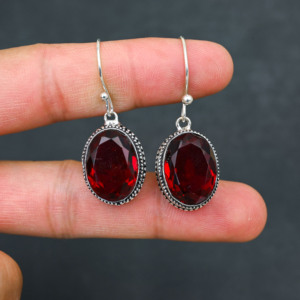 Customised <b>Red</b> Garnet LAB-CREATED 925 Sterling Silver <b>Earrings</b> 1.9" Handmade Gemstone Jewelry Antique Fine <b>Earring</b> Gift for Wome - Product Image 1
