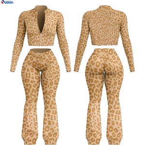 Conjunto Deportivo Personalizado con Logotipo para Mujer, Estampado de Leopardo, Chaqueta con Cierre Completo, Pantalones Acampanados, Dos Piezas, Ropa Casual de Otoño, Spandex y Poliéster - Product Image 5