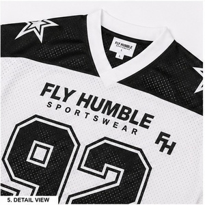 เสื้อฟุตบอลอเมริกัน Fly Humble รุ่นผู้ชาย สีขาว คอวี หมายเลข 92 พิมพ์ลายแบบ Sublimated ทรงปกติ แขนสั้น ผ้าตาข่าย แห้งเร็ว - Product Image 5