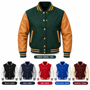 Veste universitaire pour femme MEGAMAPLE, manches en simili cuir vert, col boutonné contrastant, vêtements d'extérieur automne/hiver, doublure en nylon - Product Image 3