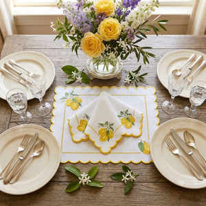 Custom Wholesale Luxury Embroidery Lemon Cotton <b>Placemat</b> Napkin Set Yellow Scallop Border Mats Machine Washable Home Wedding - Product Image 2