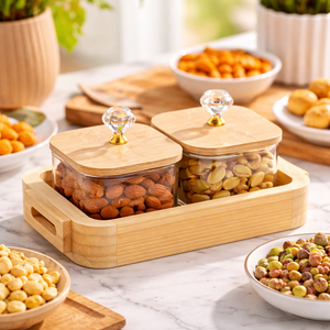 Trending storage jar Dried Fruit Serving <b>Tray</b> Square Glass Spice Organizer with Natural Wood Handle for Festive Holiday Banquets - Product Image 5