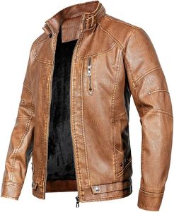 Blouson moto homme en cuir marron écologique, col montant, fermeture éclair, coupe ajustée, manches classiques, couleur unie, pour l'hiver - Product Image 2