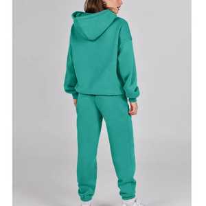 Conjunto Deportivo de Felpa con Capucha para Mujer, Color Verde Sólido, Corte Regular, Estilo Casual, Bolsillos Laterales, Material de Poliéster Transpirable - Product Image 3