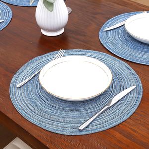 Set di 6 tovagliette rotonde intrecciate blu grigio per tavolo da cucina, tavolo da pranzo, matrimoni e feste - Product Image 1