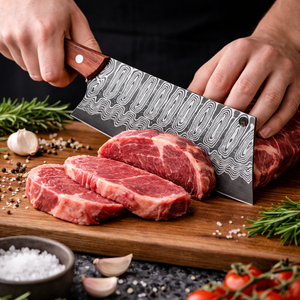 Cuchillo de carnicero japonés de acero de Damasco forjado a mano Edge Master Manufacture, mango de roble, funda, hoja de 7 pulgadas, apto para lavavajillas, OEM - Product Image 6