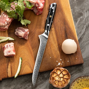 มีดแล่เนื้อเหล็กดามัสกัสทำมือ ด้ามเรซิ่น ใช้ได้ทั้งมือซ้ายและขวา ดีไซน์ทันสมัย พร้อมปลอกหนัง - Product Image 4